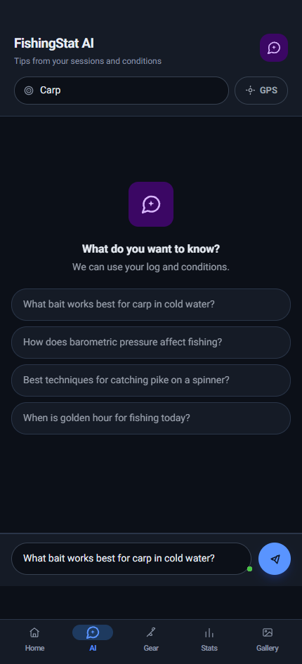 FishingStat AI screen suggesting bait and tactics for carp