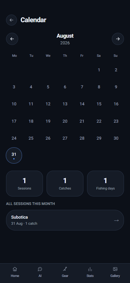 FishingStat calendar screen showing a month of sessions and catches