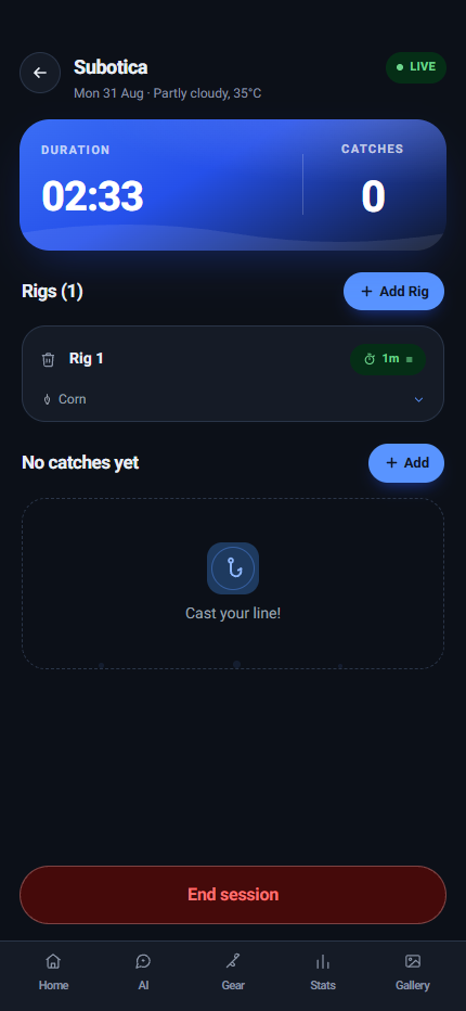FishingStat live session screen: session timer, catch count and a rig with its own stopwatch