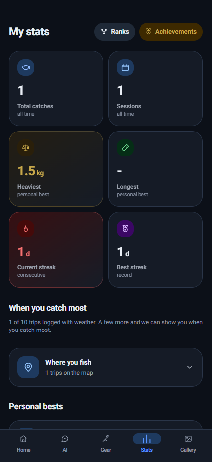 FishingStat stats screen: total catches, sessions, current streak and heaviest personal best